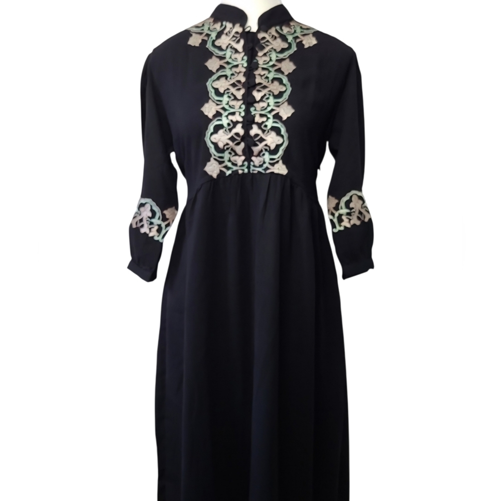 Ask Me Black Embroidered Mandarin Collar 3/4 Sleeve Maxi Vintage Dress Goth
